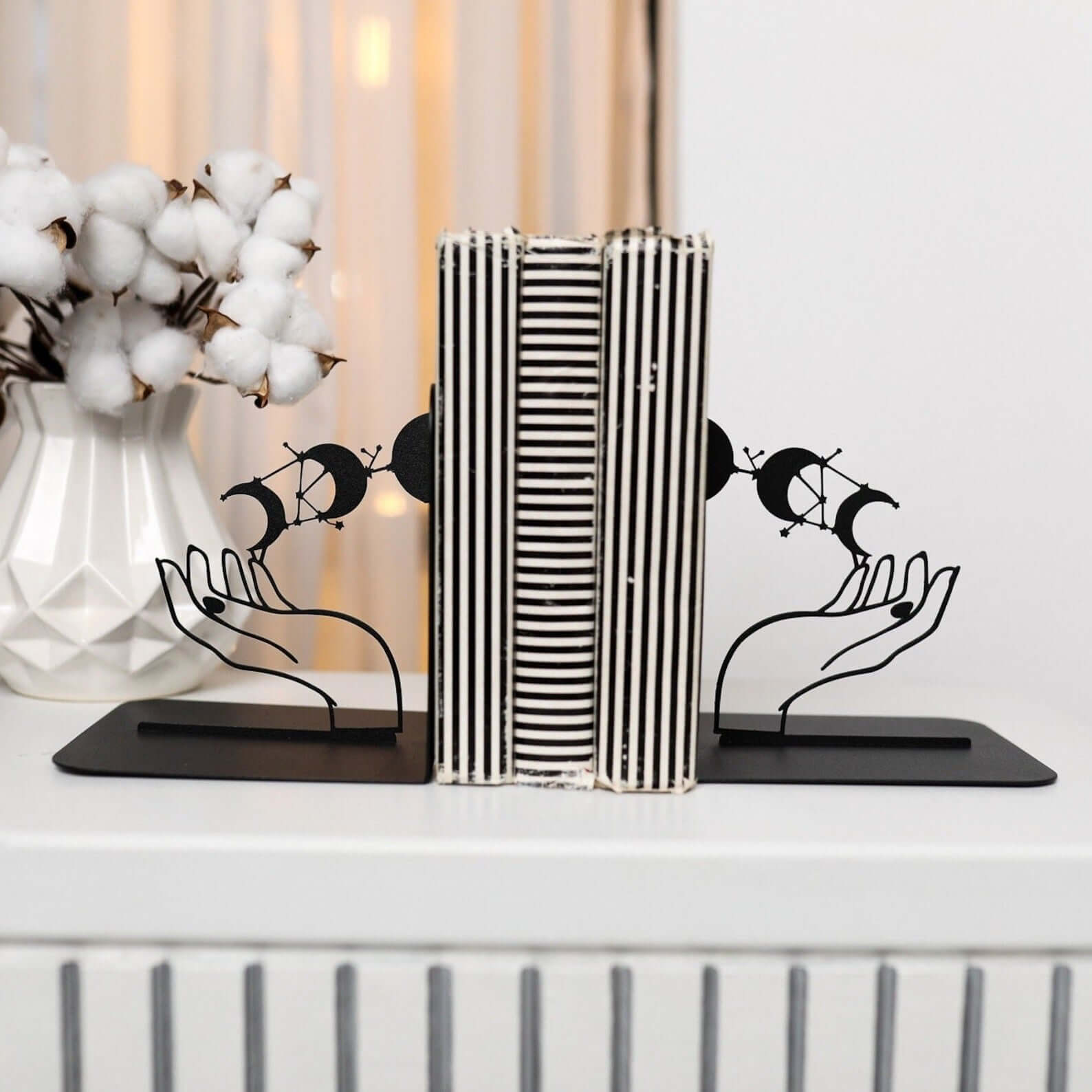 Metal Bookends Pair with Moon Phase and Hands Celestial Design - Metaloslav 