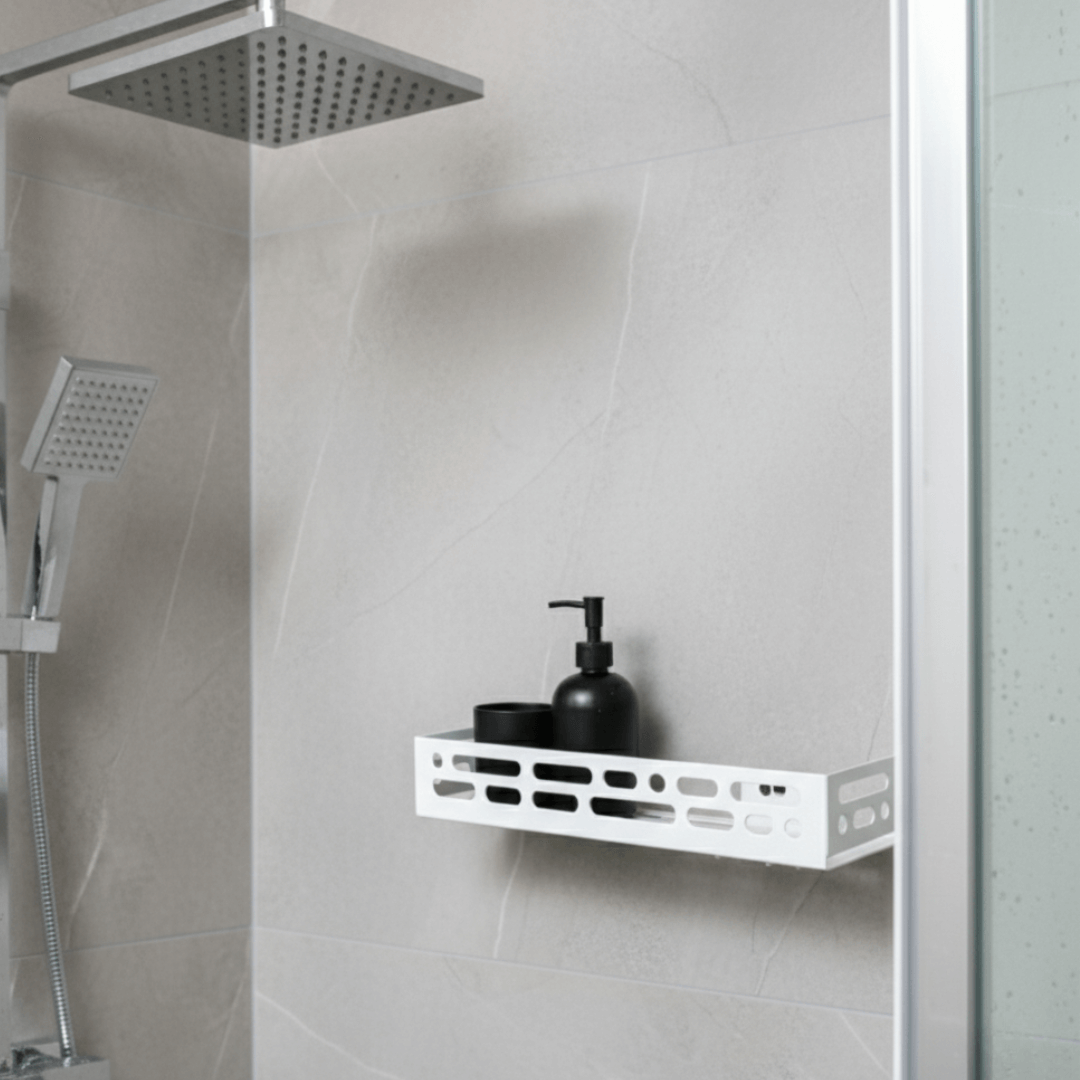 Metal Wall-Mounted Shower Shelf with Open Cutout Design for Bathroom