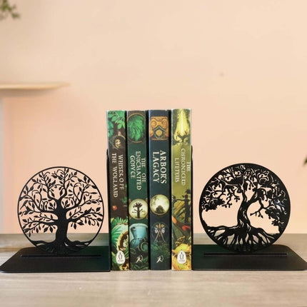 Metal Bookends with Tree of Life Design, Powder-Coated Steel - Metaloslav 