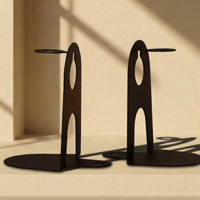 Metal Bookends with Glass Flower Flasks, Minimal Tabletop Decor - Metaloslav 