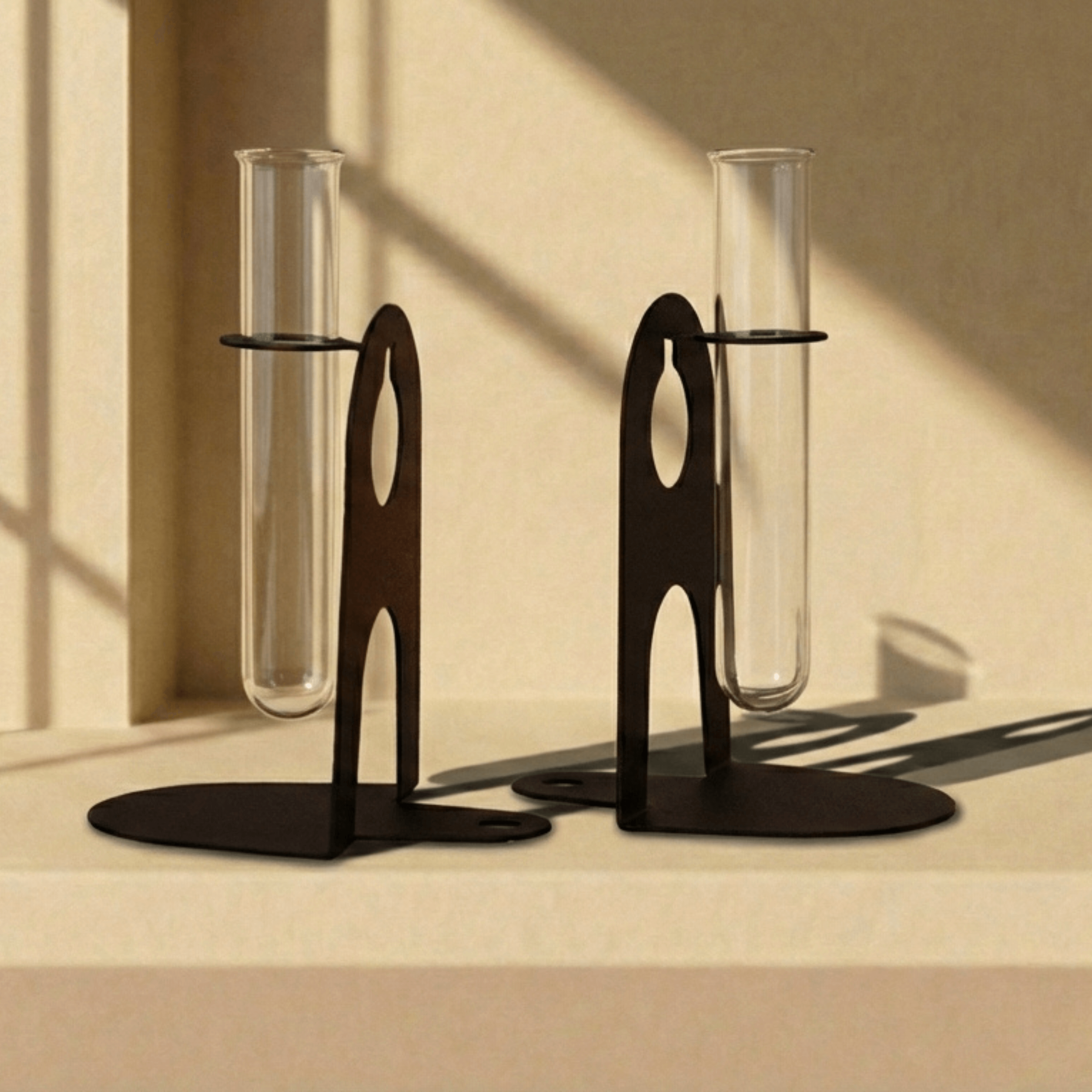 Metal Bookends with Glass Flower Flasks, Minimal Tabletop Decor - Metaloslav 