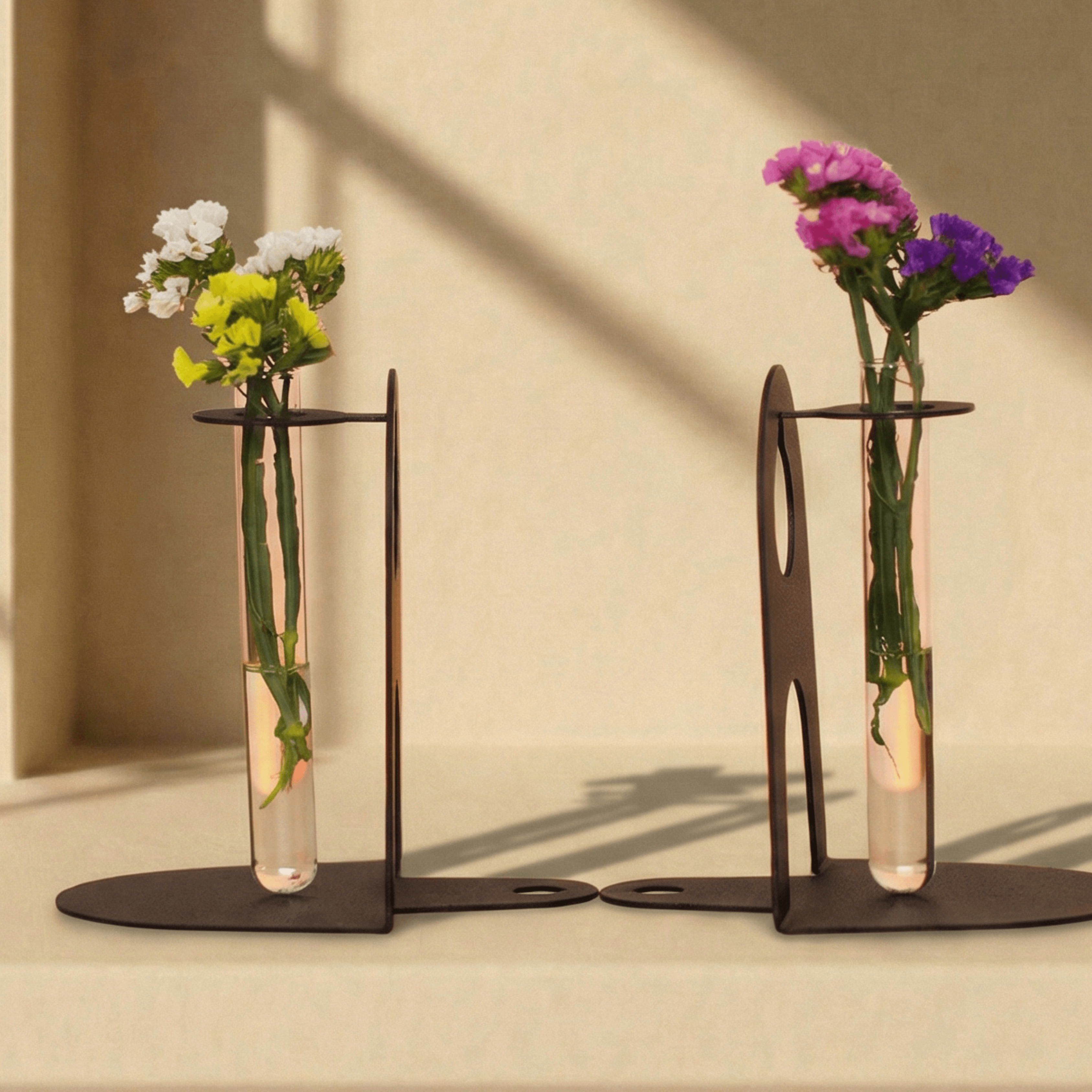 Metal Bookends with Glass Flower Flasks, Minimal Tabletop Decor - Metaloslav 