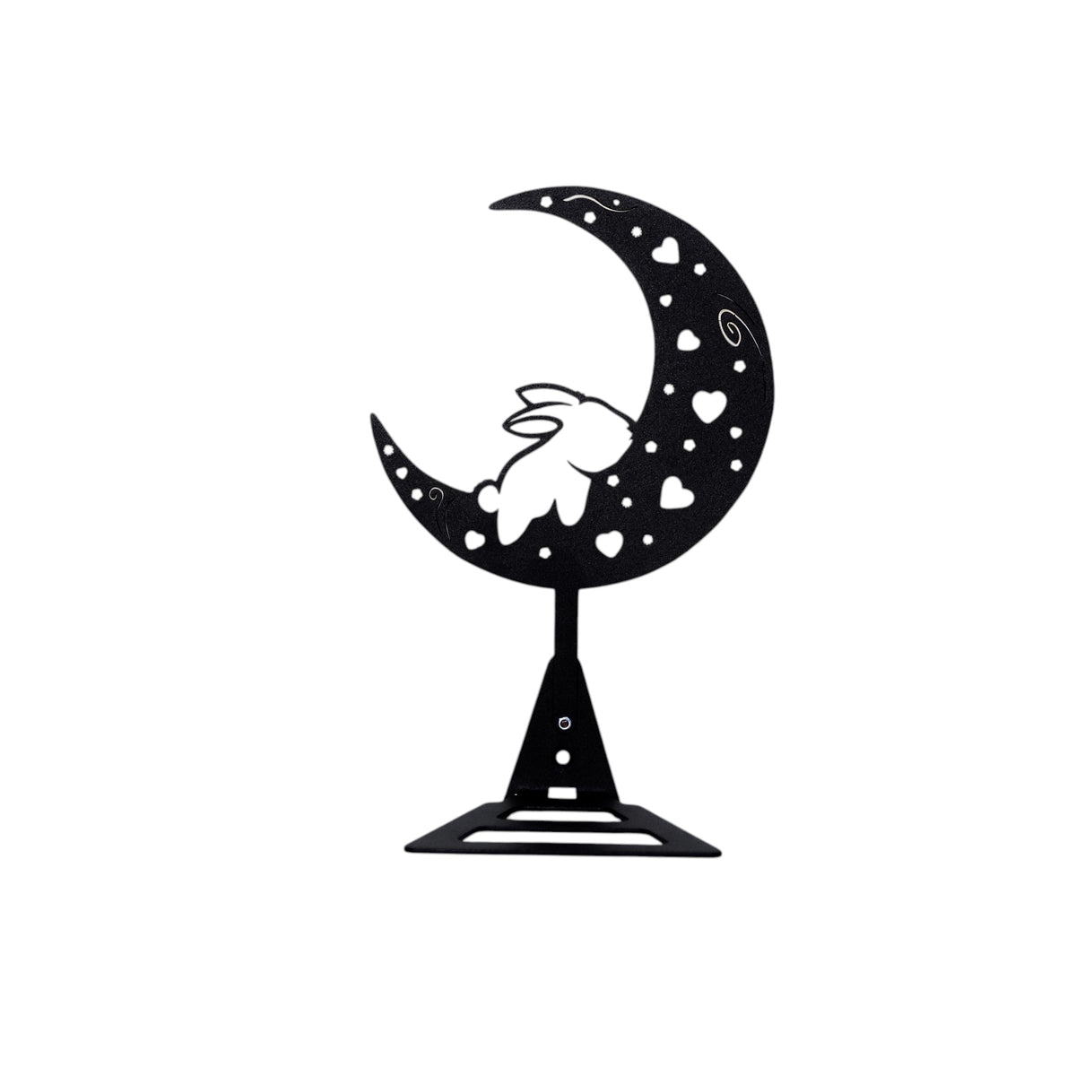 Handmade moon rabbit metal wall shelf with celestial silhouette design. A unique floating shelf for modern, boho, and fantasy interiors.