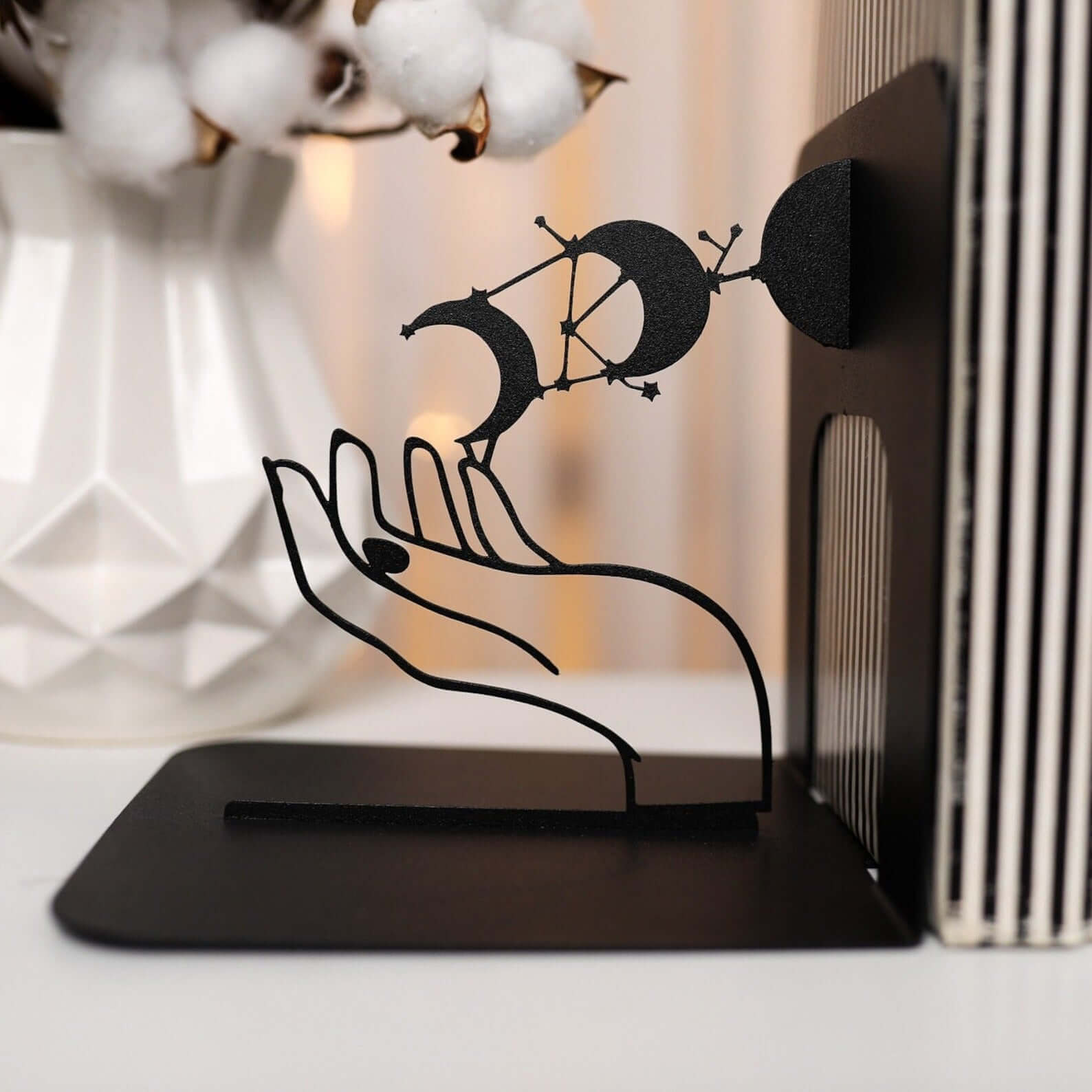 Metal Bookends Pair with Moon Phase and Hands Celestial Design - Metaloslav 
