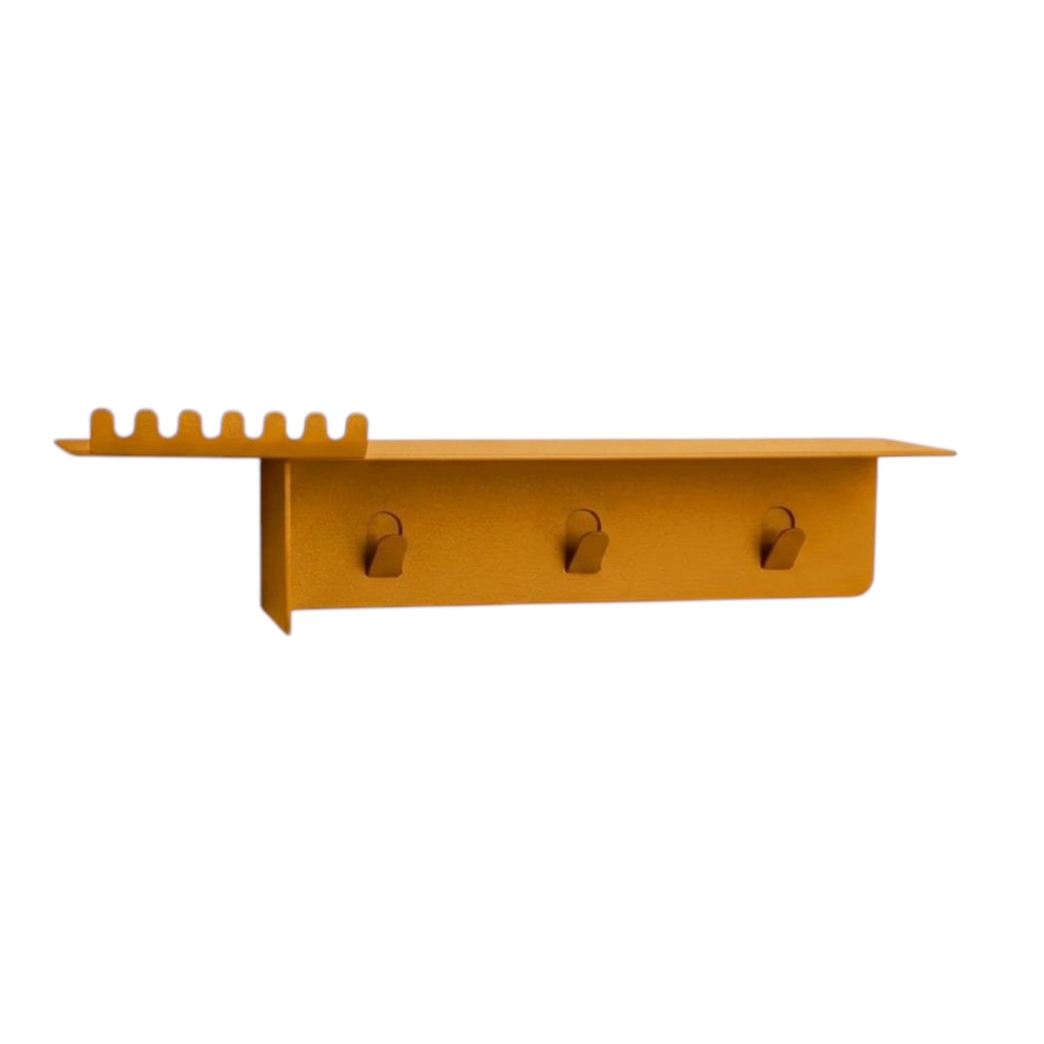 Mustard yellow wall-mounted coat rack with multiple hooks on a white background