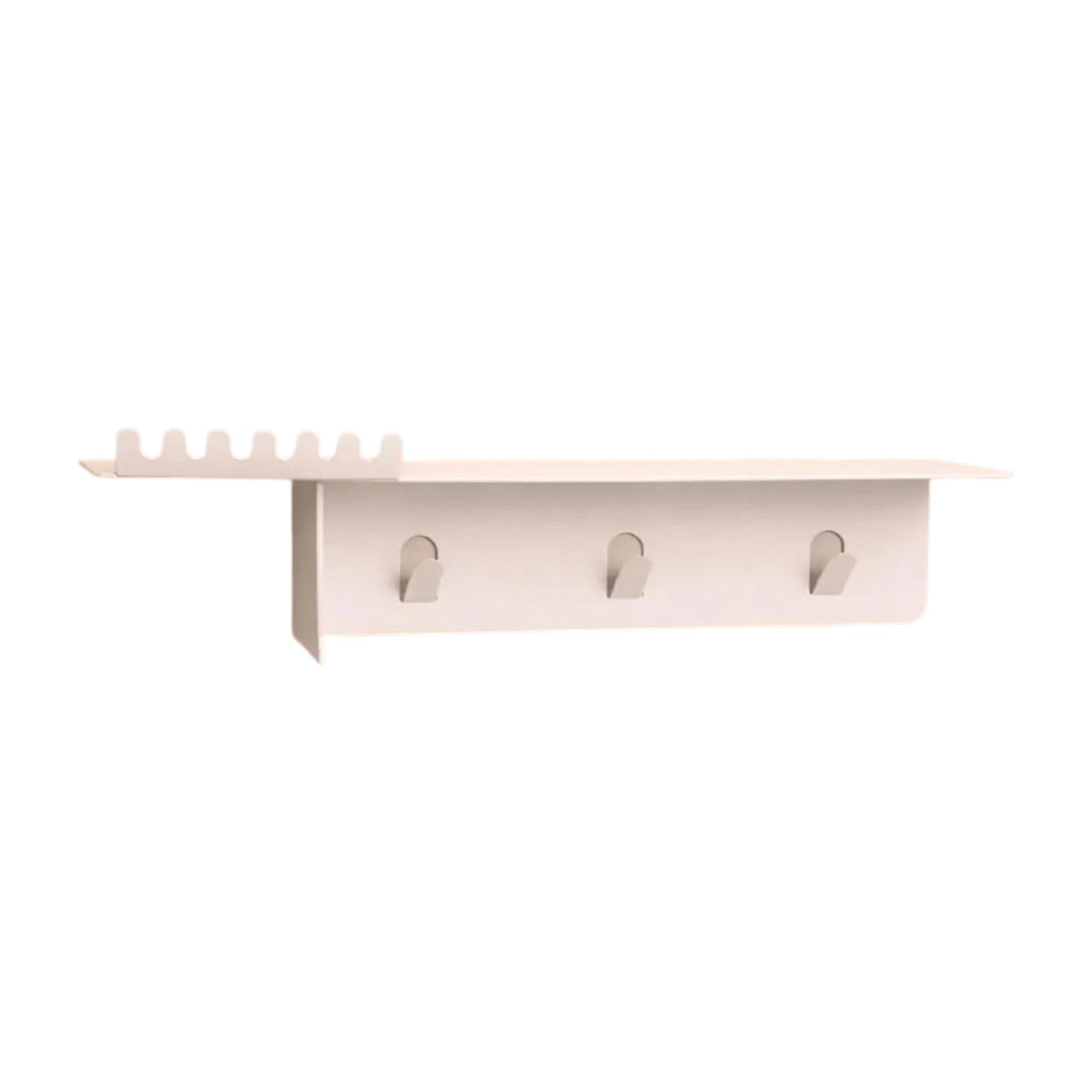 White wall-mounted shelf with hooks on a white background