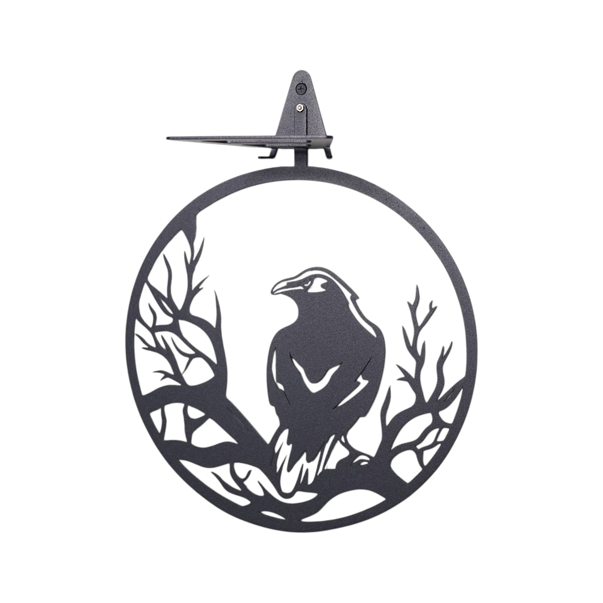 Black raven silhouette metal wall shelf with tree branch design