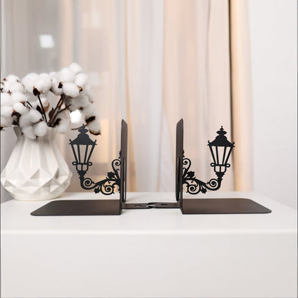 Metal Bookends Pair with Street Lamp Silhouette Decorative Design