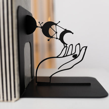 Metal Bookends Pair with Moon Phase and Hands Celestial Design