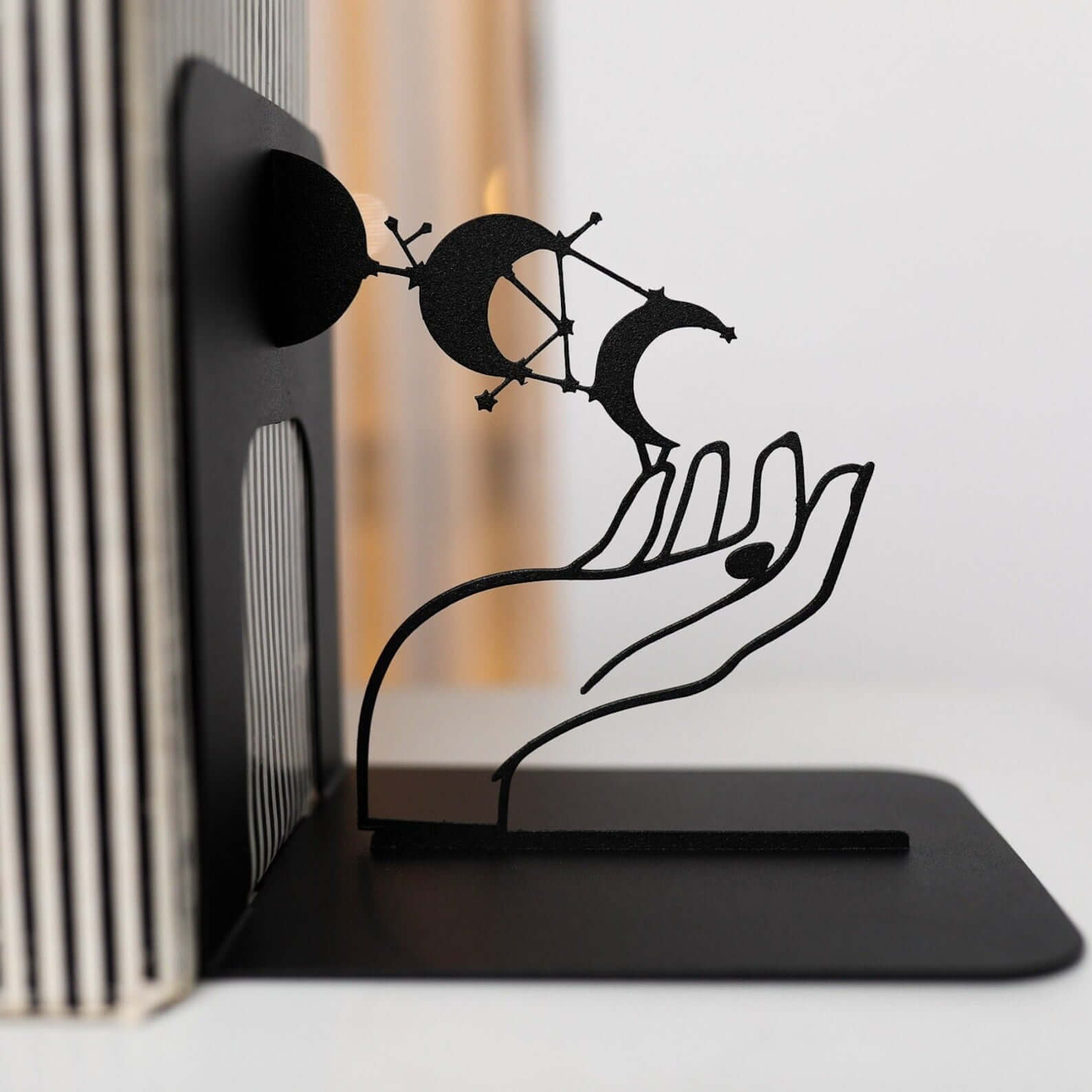 Metal Bookends Pair with Moon Phase and Hands Celestial Design - Metaloslav 