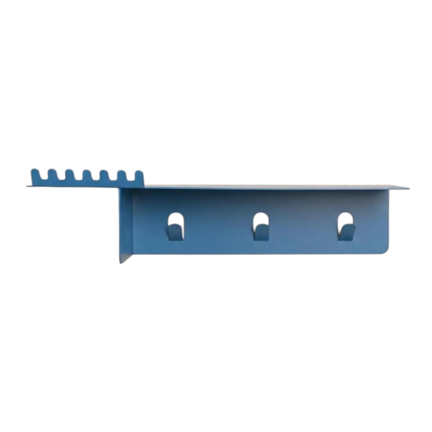 Blue metal bracket with multiple holes on a white background