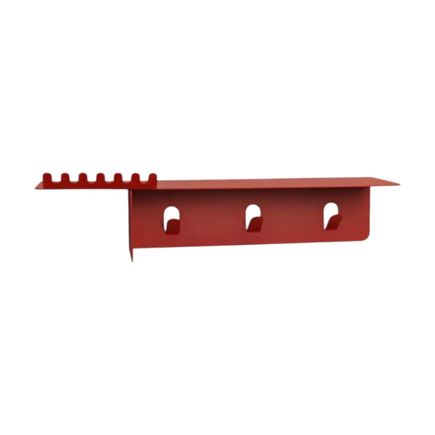 Red metal wall shelf on a white background