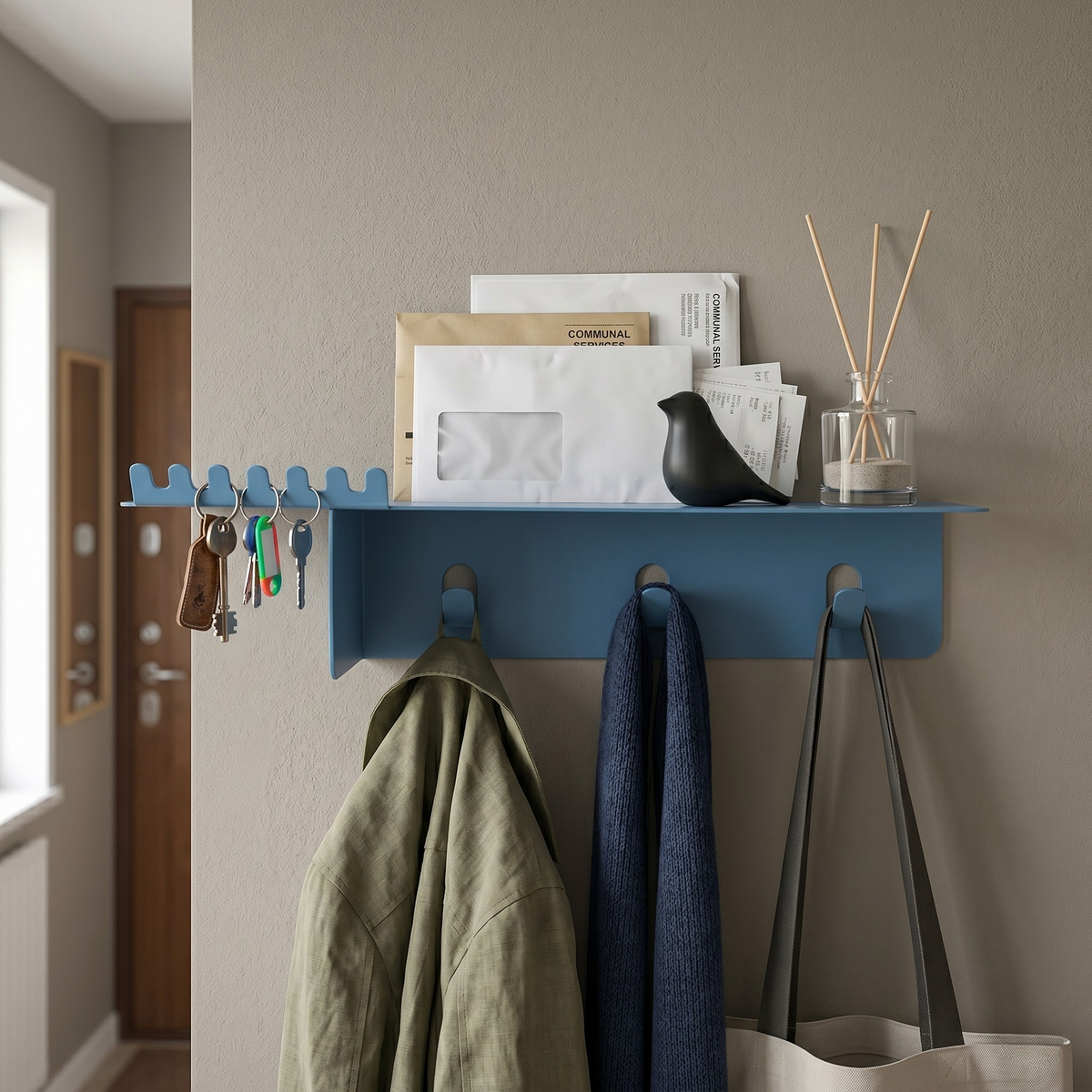 Metal Wall Shelf with Hooks for Bathroom Storage