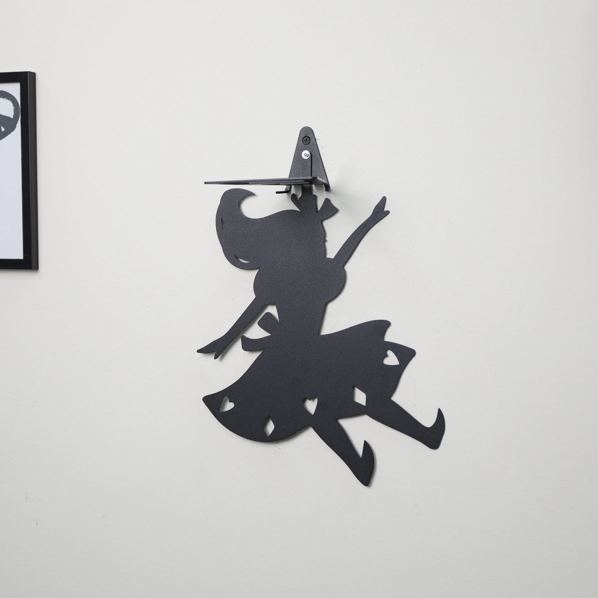 Alice in Wonderland inspired metal wall shelf with handmade black steel silhouette decor