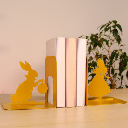 Metal Bookends – Alice and White Rabbit Silhouette Book Holder | Artistic Home & Office Shelf Decor