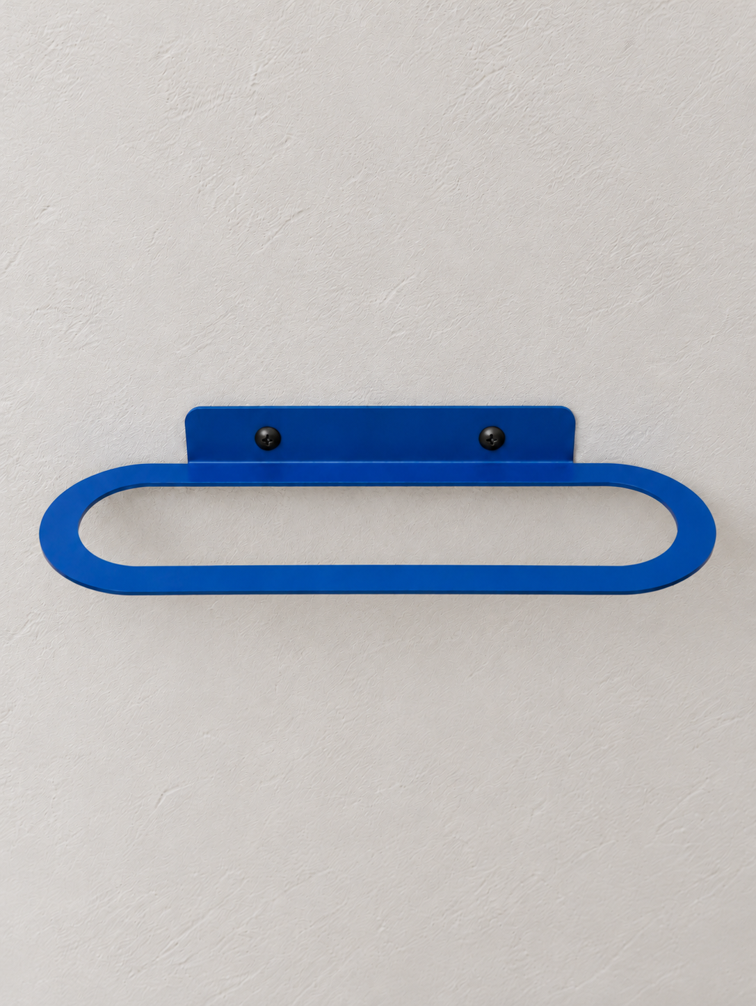 Blue metal wall-mounted towel rack with minimalist oval design and powder-coated finish Copy