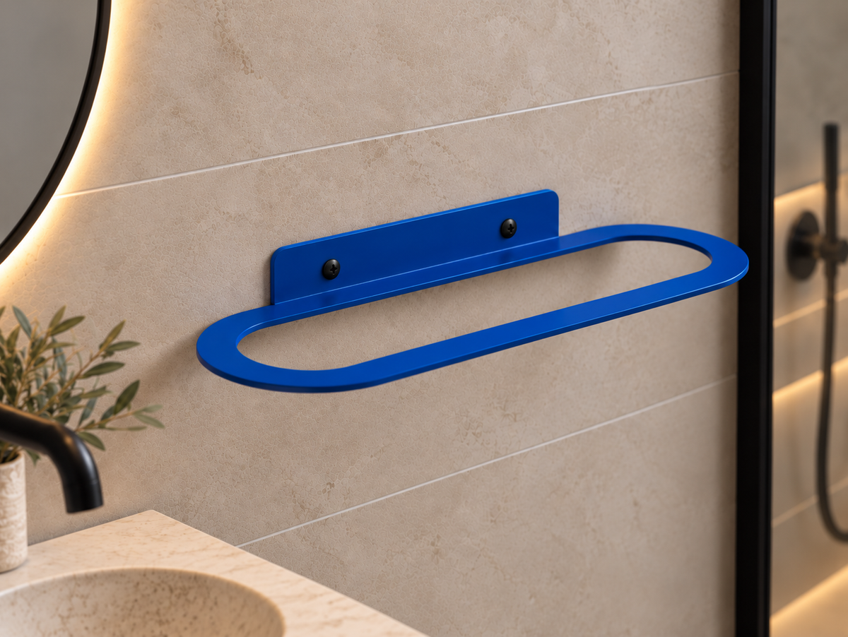 Blue metal wall-mounted towel rack with minimalist oval design and powder-coated finish Copy