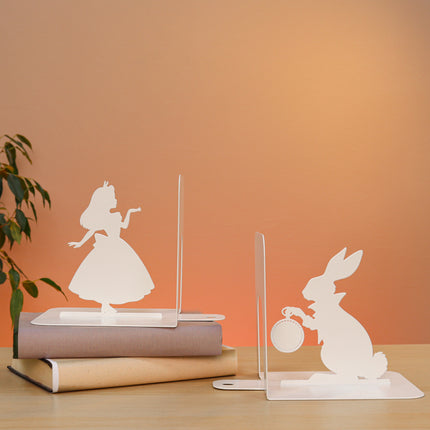 Metal Bookends – Alice and White Rabbit Silhouette Book Holder | Artistic Home & Office Shelf Decor