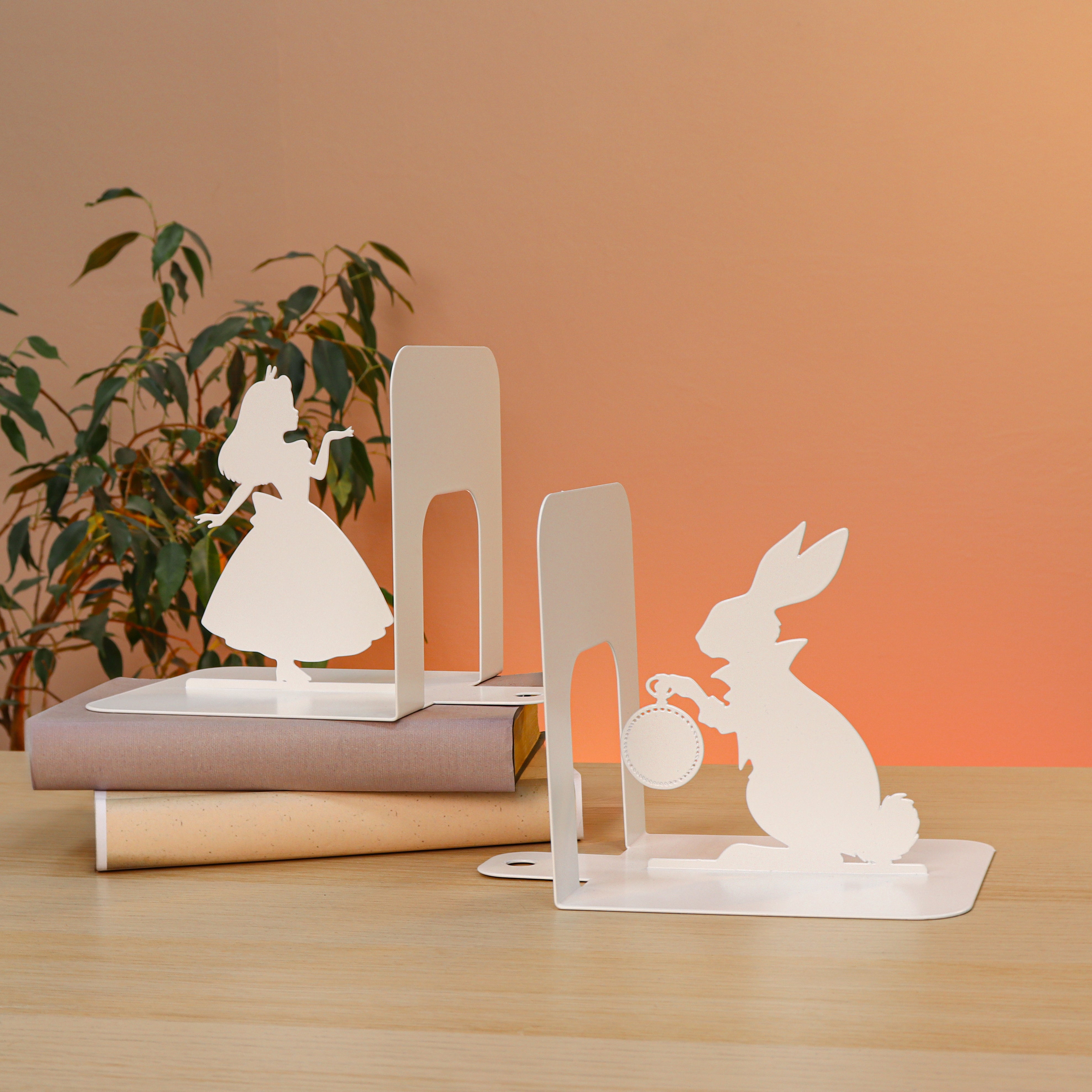 Alice and White Rabbit Metal Bookends with Story-Inspired Silhouette - Metaloslav 