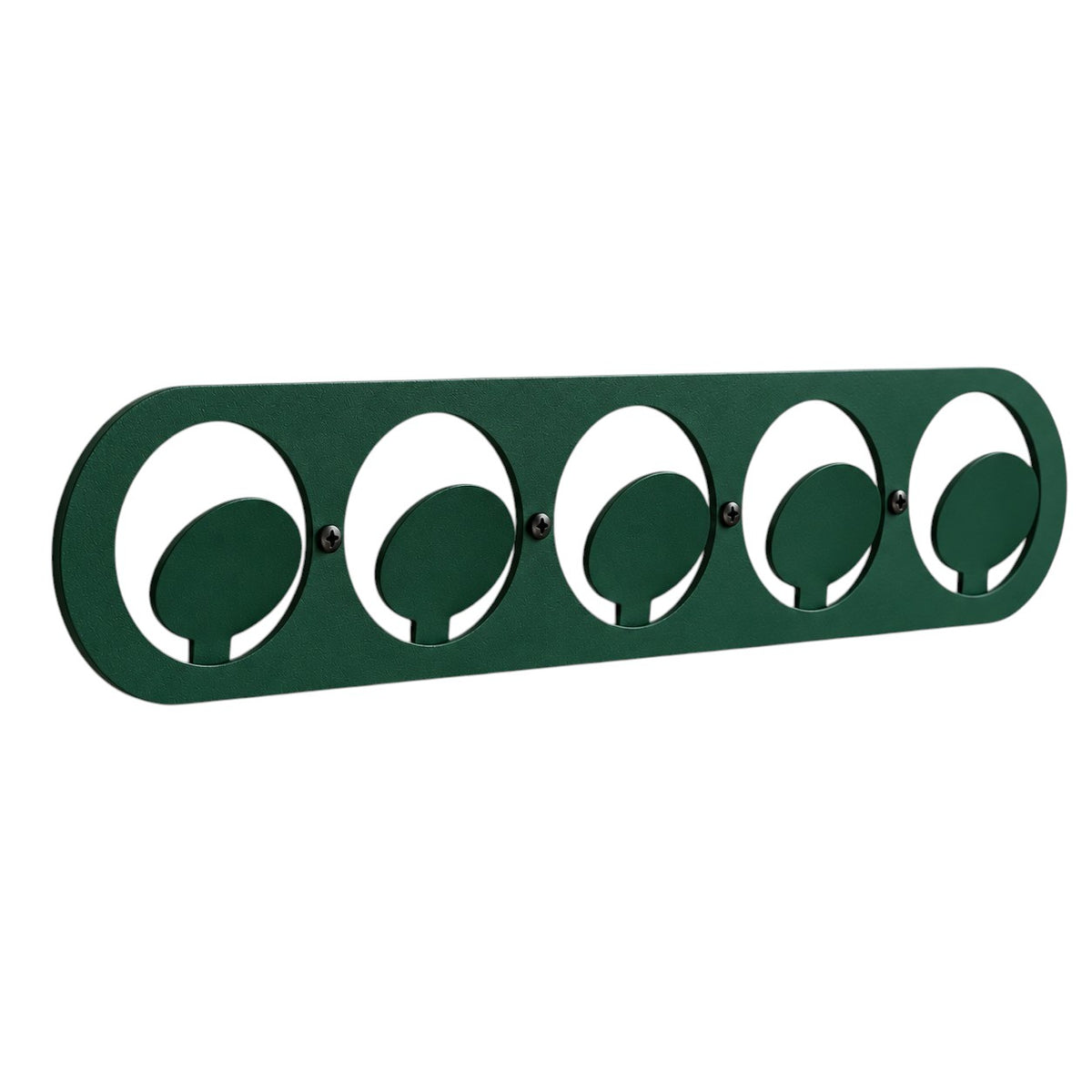 Dark green metal wall hook rack with circular hooks holding handbags in a modern entryway 