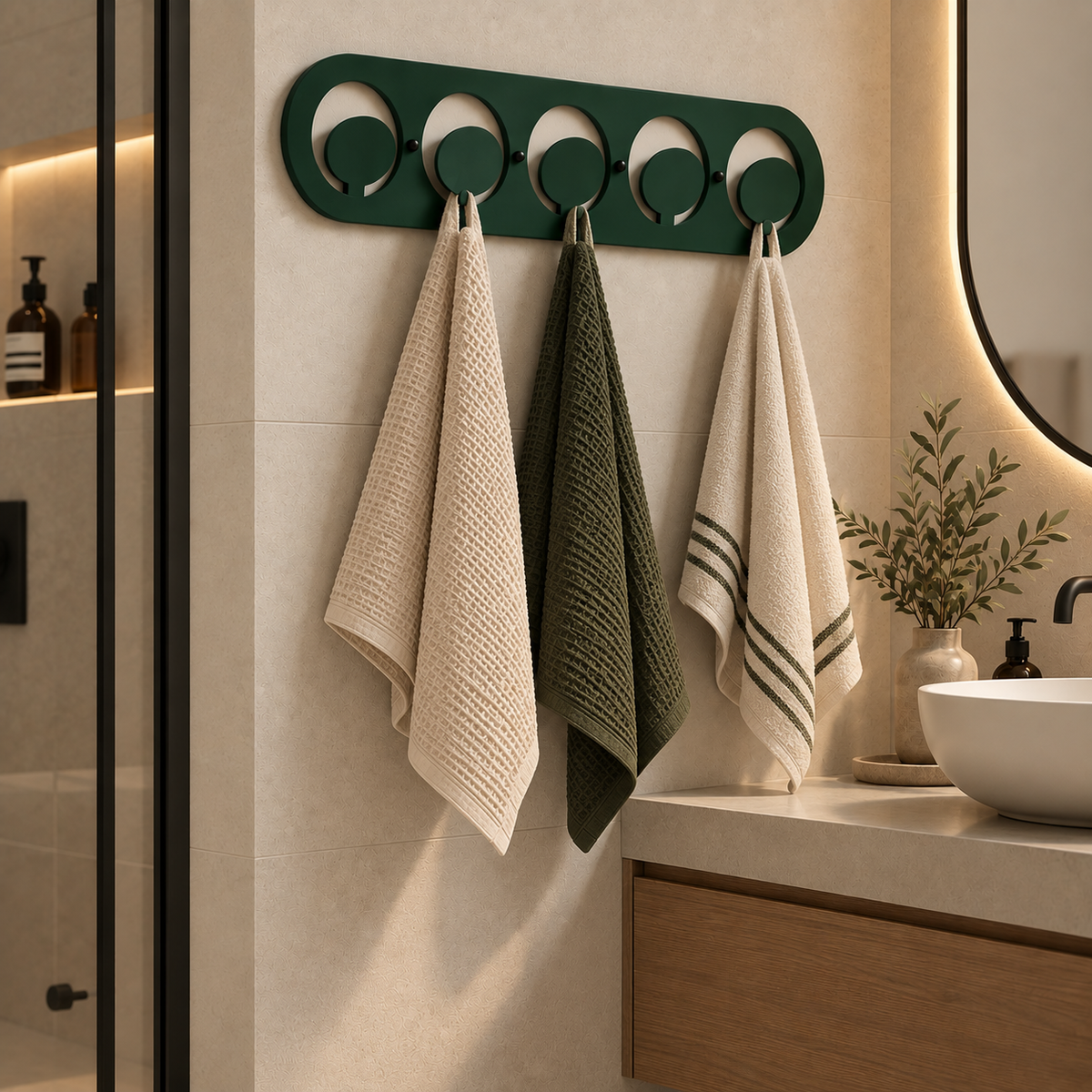 Dark green metal wall hook rack with circular hooks holding handbags in a modern entryway
