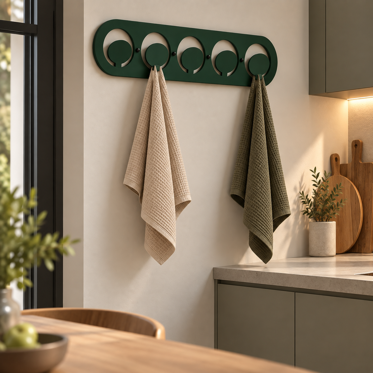 Dark green metal wall hook rack with circular hooks holding handbags in a modern entryway 