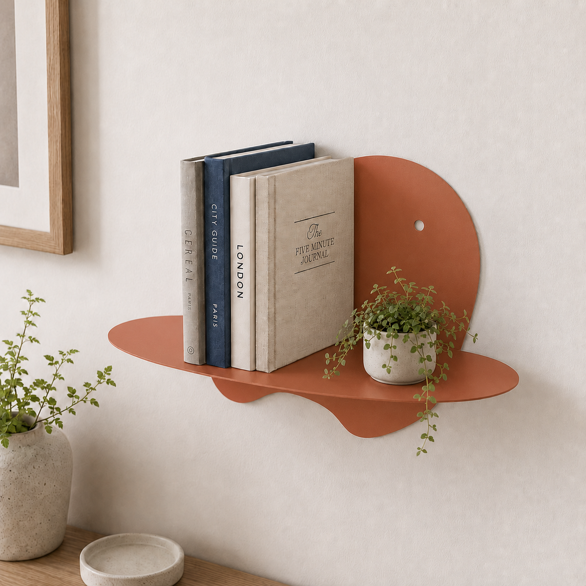  abstract metal floating wall shelf with curved back panel displaying a small succulent and notebook