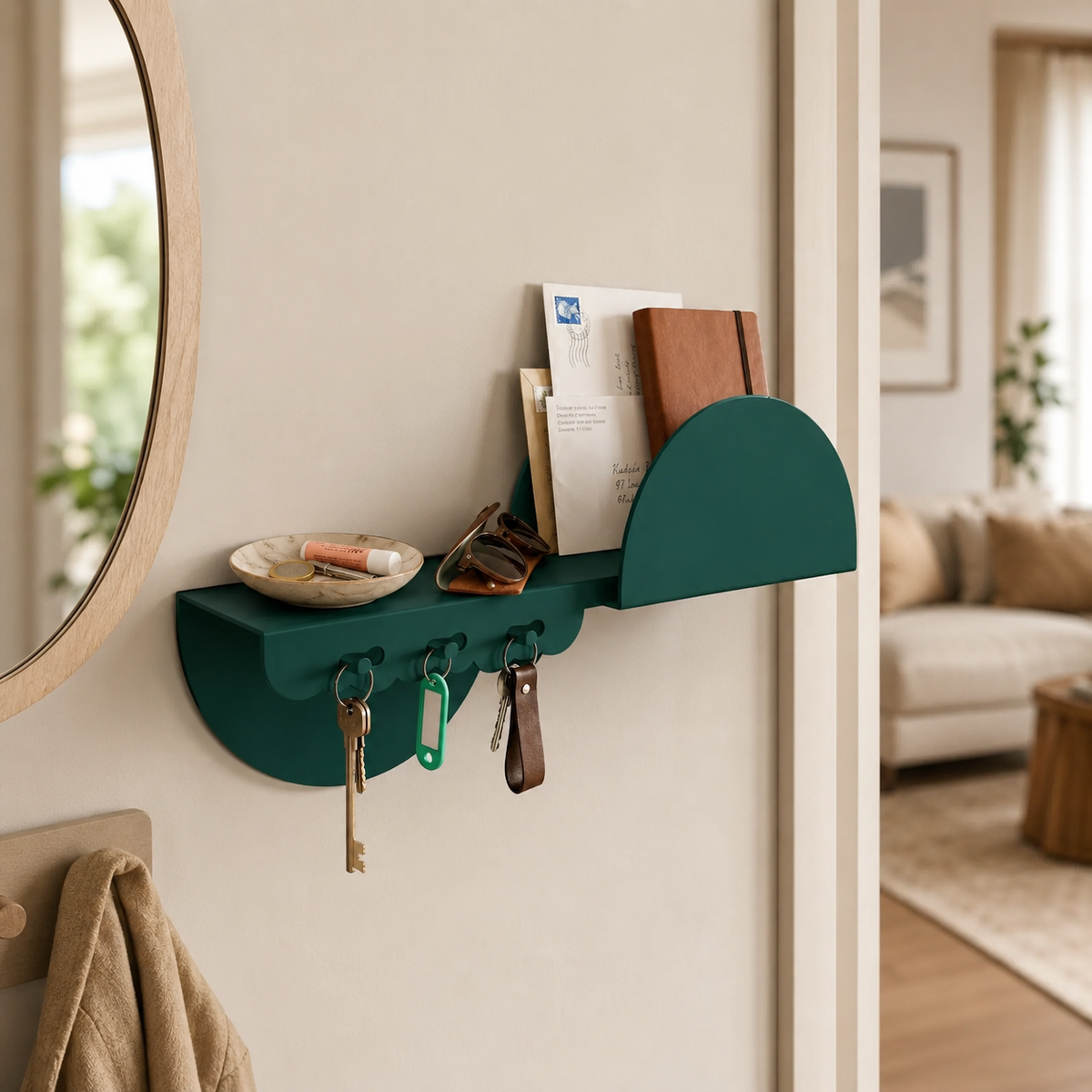 Curved Metal Wall Shelf With Hooks – Modern Entryway Storage Decor