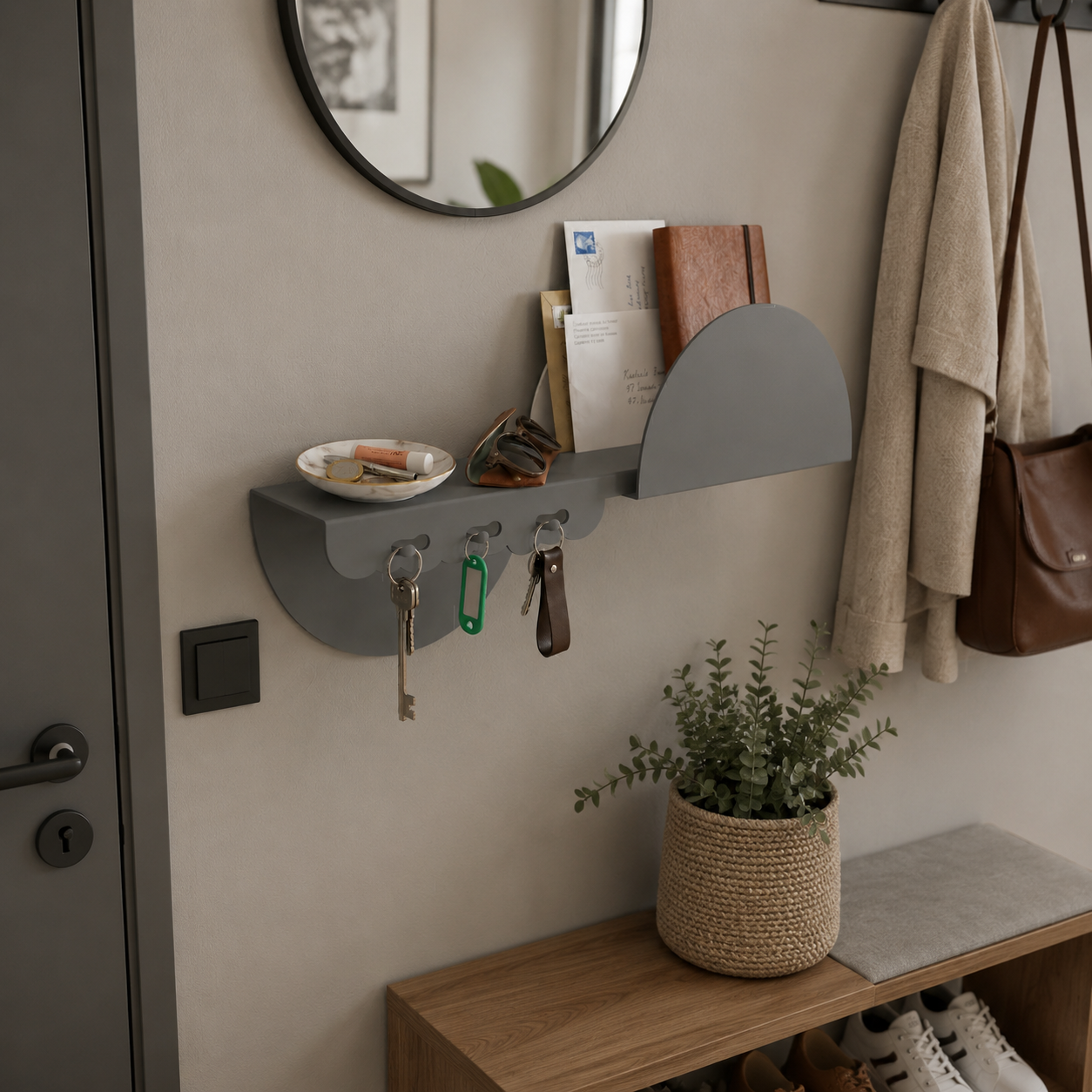 Curved Metal Wall Shelf With Hooks – Modern Entryway Storage Decor