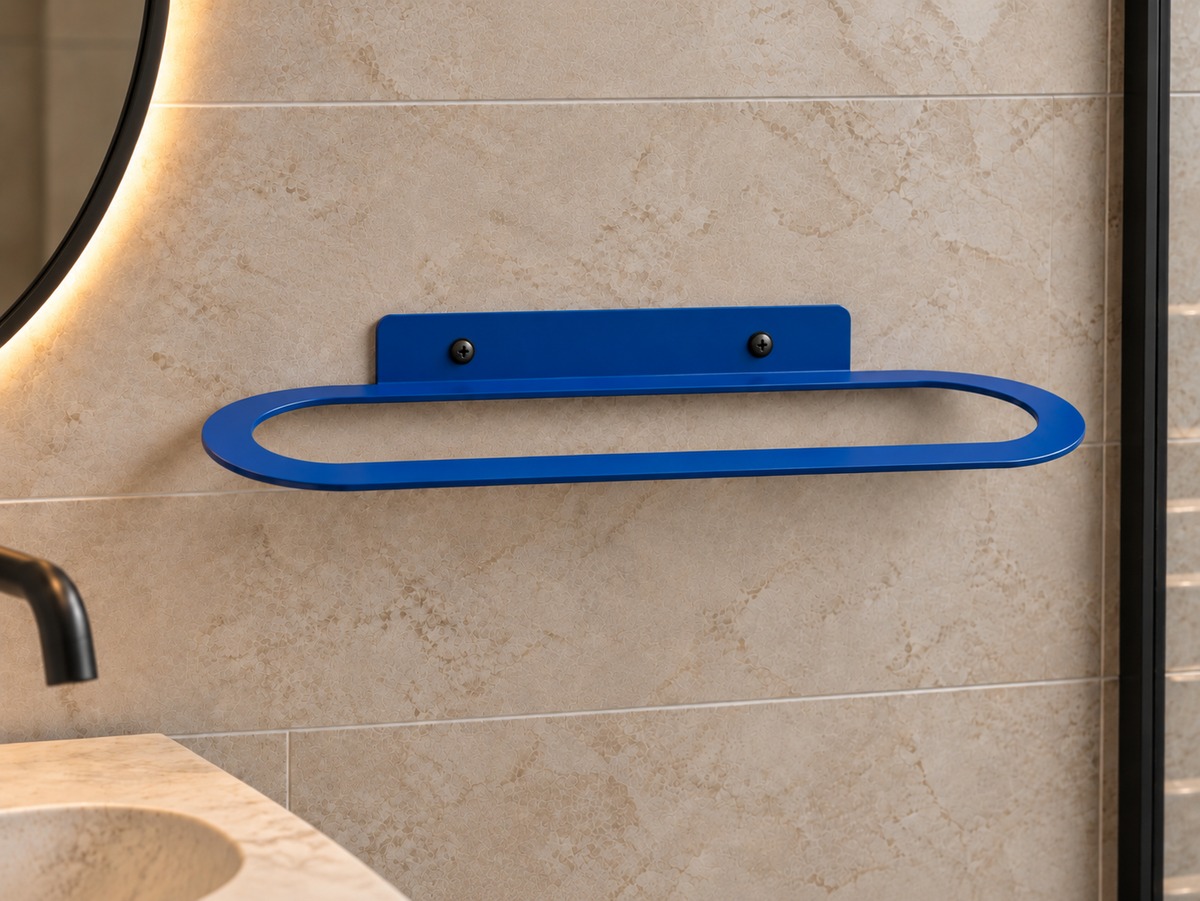 Blue metal wall-mounted towel rack with minimalist oval design and powder-coated finish Copy