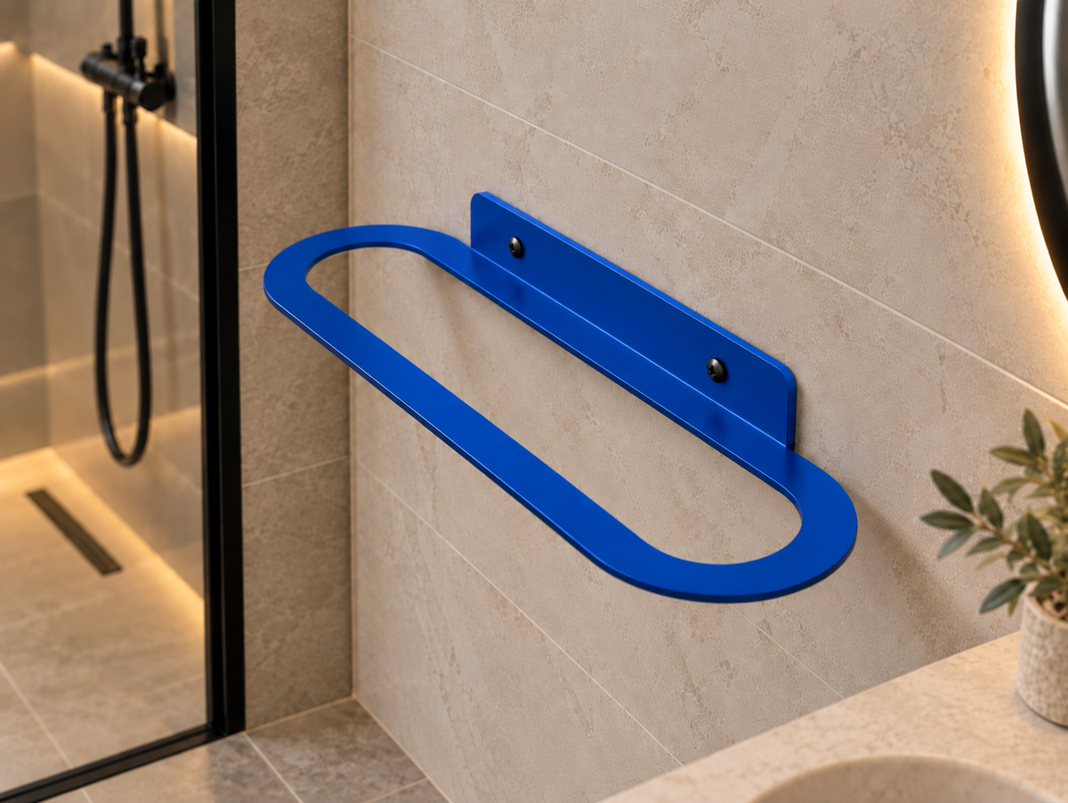 Blue metal wall-mounted towel rack with minimalist oval design and powder-coated finish Copy