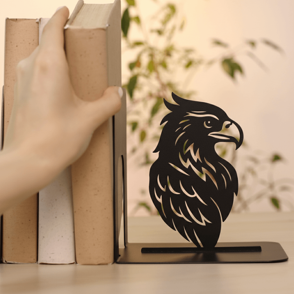 Handmade steel Witch Hat and Eagle metal bookends with powder-coated finish for bookshelves and home office décor