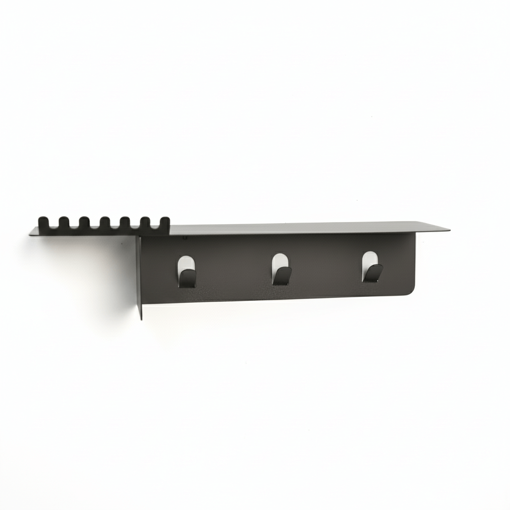 Black metal wall shelf with hooks on a white background