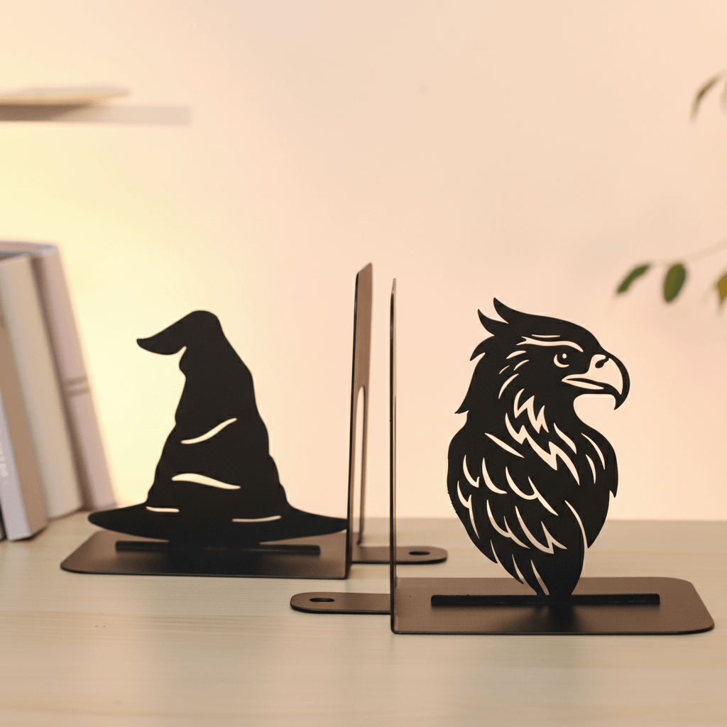 Handmade steel Witch Hat and Eagle metal bookends with powder-coated finish for bookshelves and home office décor