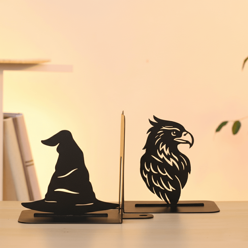 Handmade steel Witch Hat and Eagle metal bookends with powder-coated finish for bookshelves and home office décor