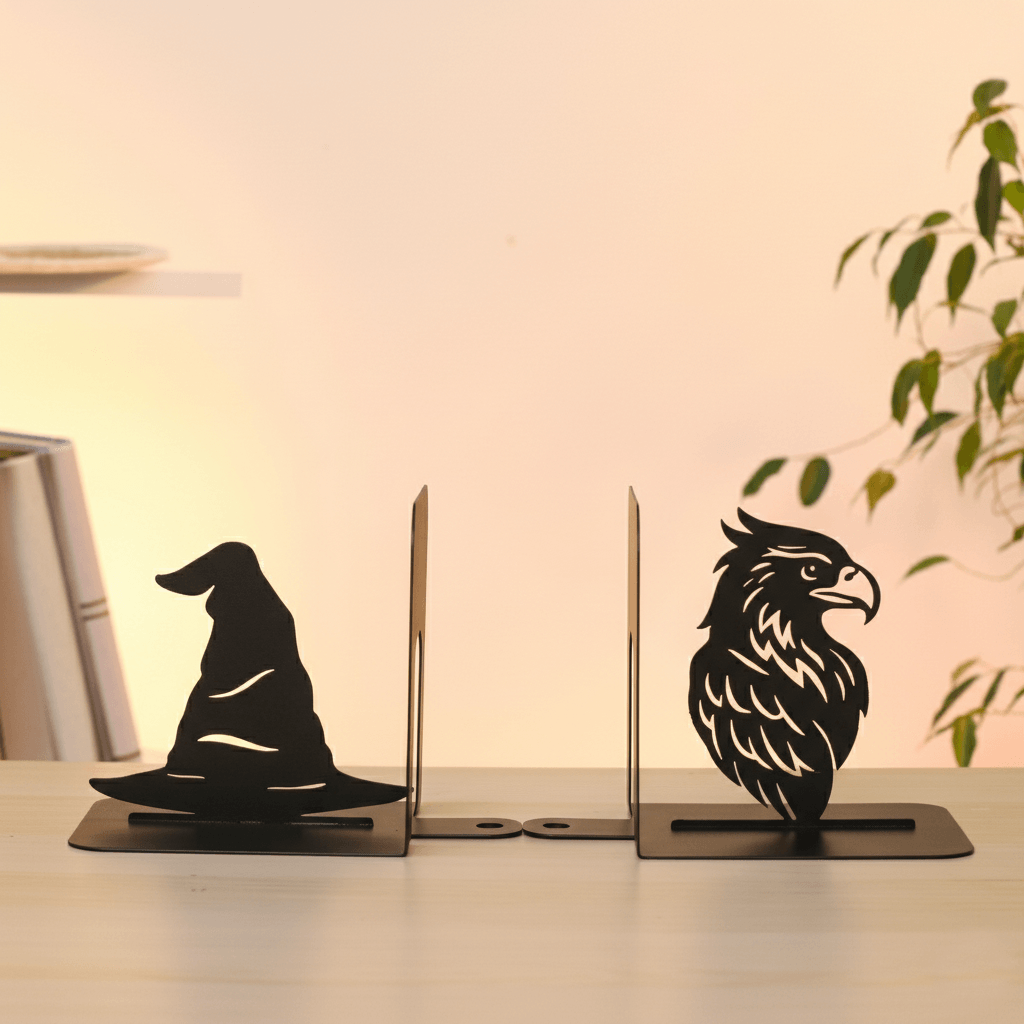 Handmade steel Witch Hat and Eagle metal bookends with powder-coated finish for bookshelves and home office décor