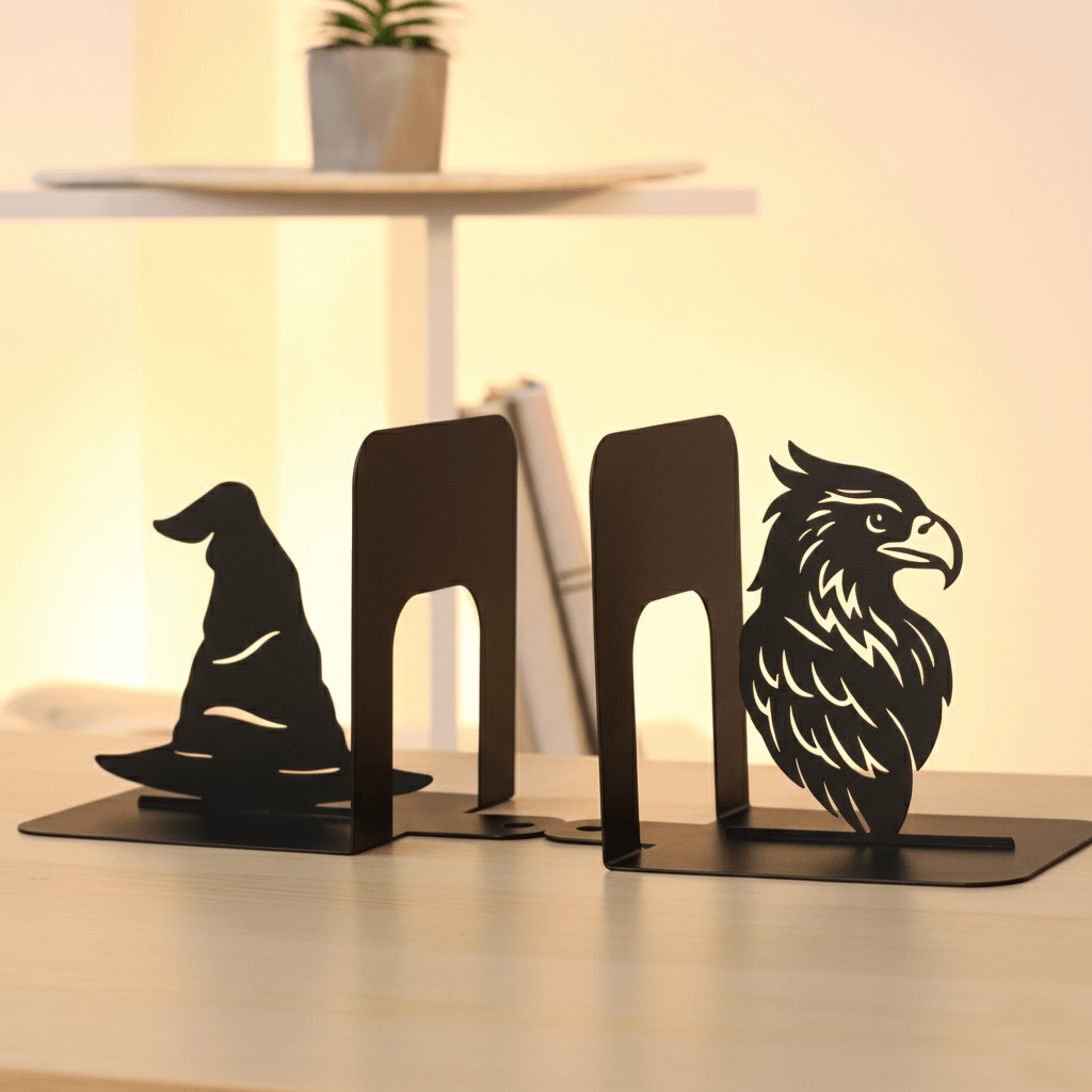 Handmade steel Witch Hat and Eagle metal bookends with powder-coated finish for bookshelves and home office décor