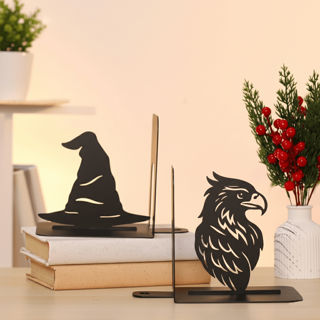 Handmade steel Witch Hat and Eagle metal bookends with powder-coated finish for bookshelves and home office décor