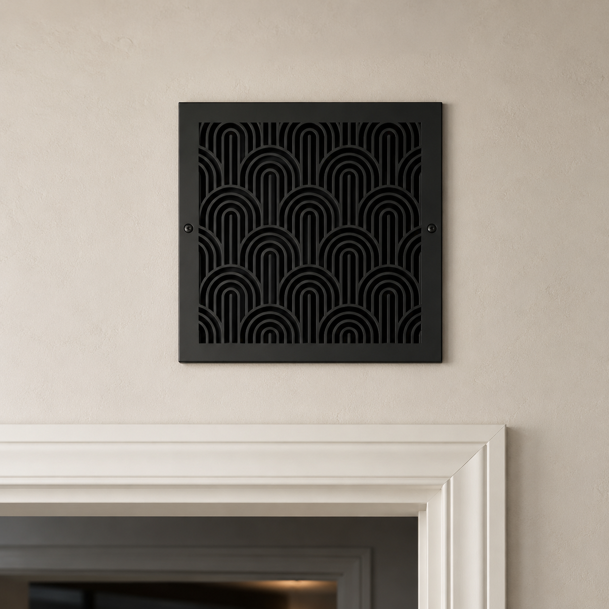 Large Art Deco metal vent cover with custom laser-cut geometric steel grille