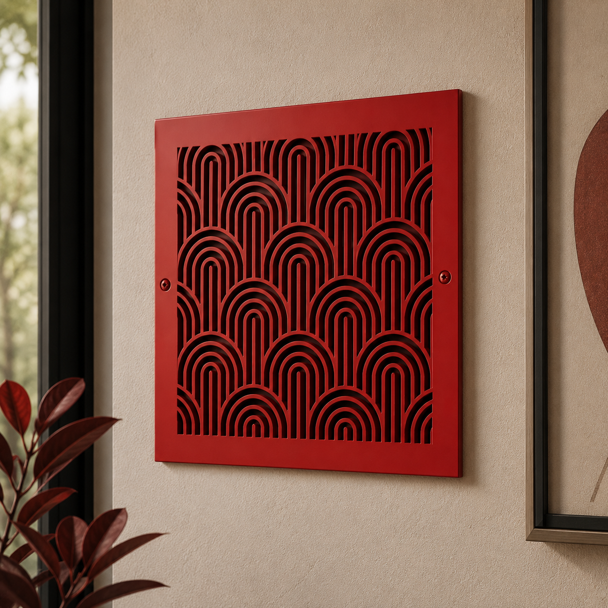 Art Deco metal vent cover with geometric arch pattern and custom laser-cut steel design
