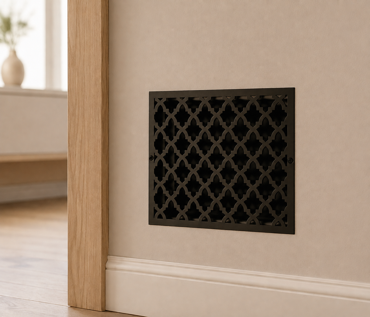 Moroccan decorative metal vent cover with laser-cut steel geometric pattern