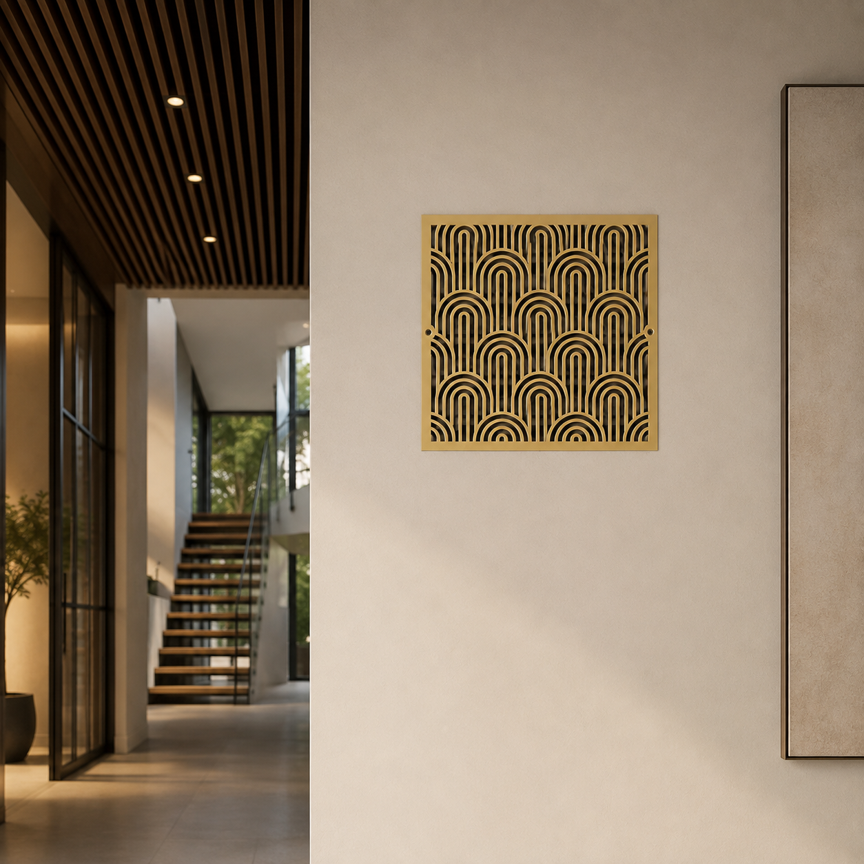 Art Deco metal vent cover with geometric arch pattern and custom laser-cut steel design