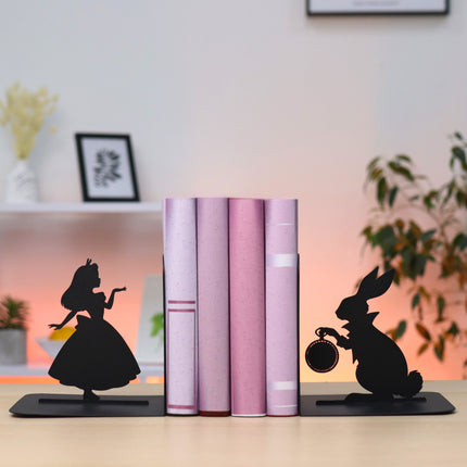 Metal Bookends – Alice and White Rabbit Silhouette Book Holder | Artistic Home & Office Shelf Decor