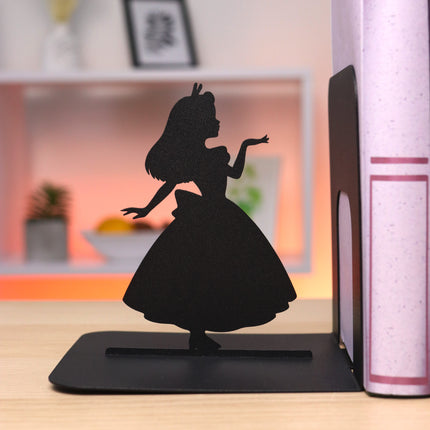 Metal Bookends – Alice and White Rabbit Silhouette Book Holder | Artistic Home & Office Shelf Decor