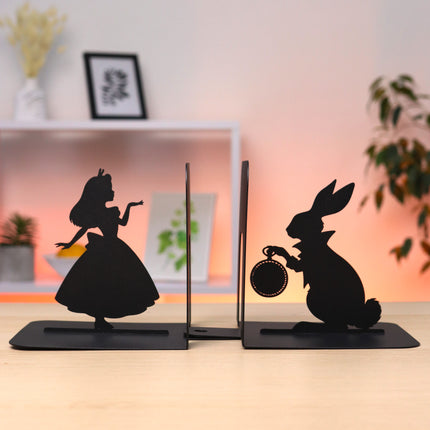 Metal Bookends – Alice and White Rabbit Silhouette Book Holder | Artistic Home & Office Shelf Decor