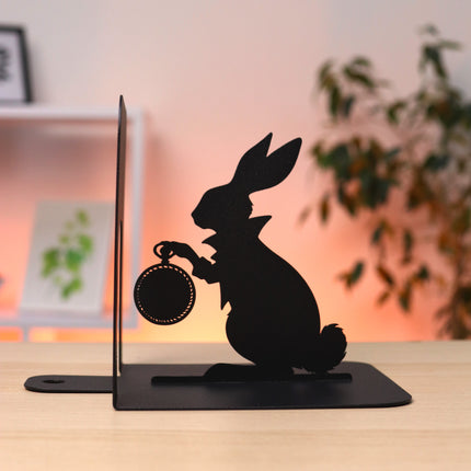 Metal Bookends – Alice and White Rabbit Silhouette Book Holder | Artistic Home & Office Shelf Decor