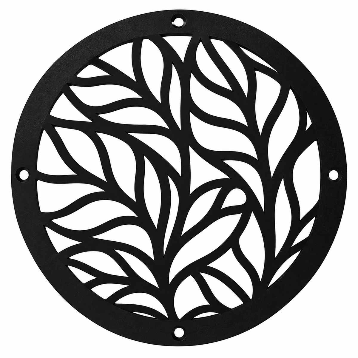 Round decorative metal vent cover with custom laser-cut pattern