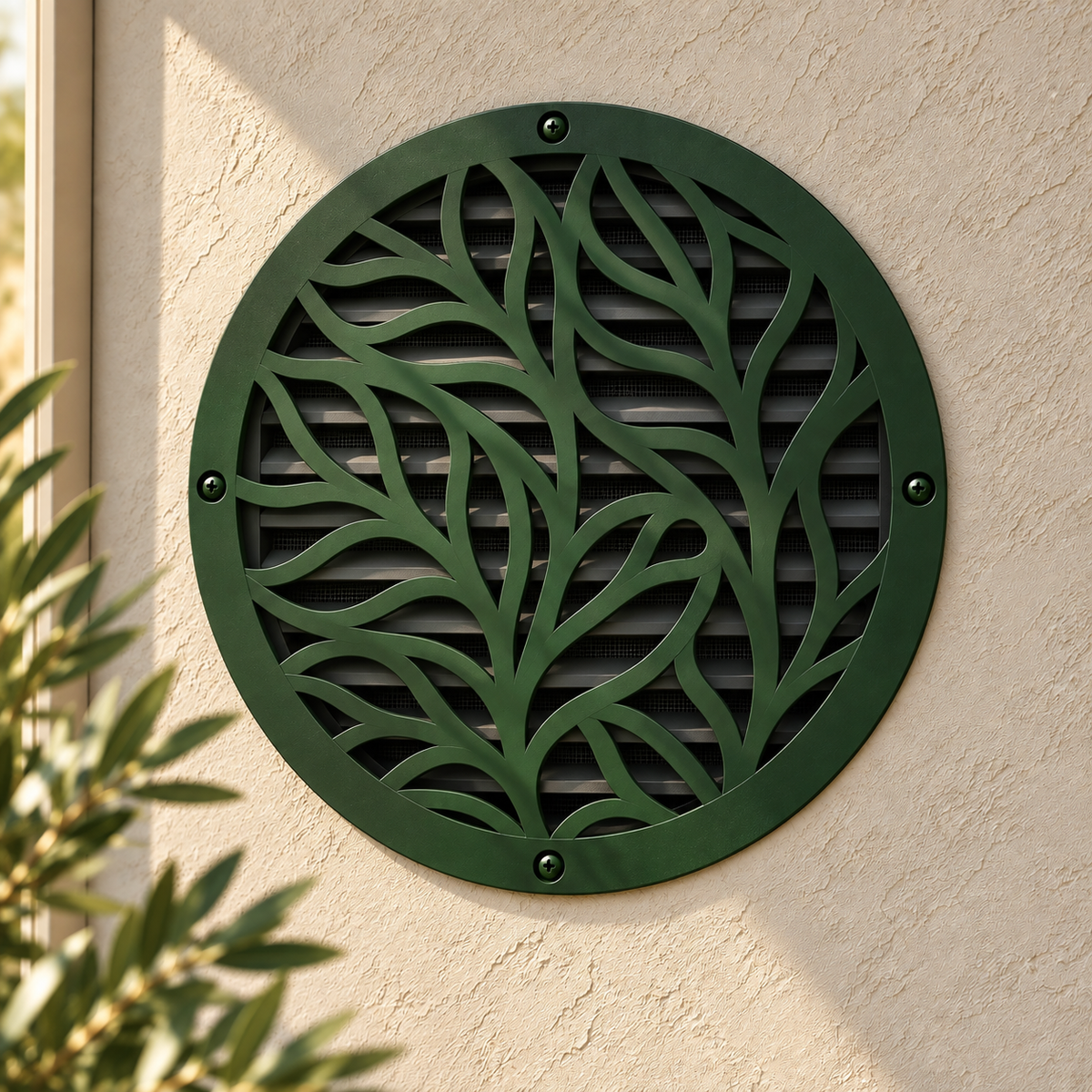 Round decorative metal vent cover with custom laser-cut pattern