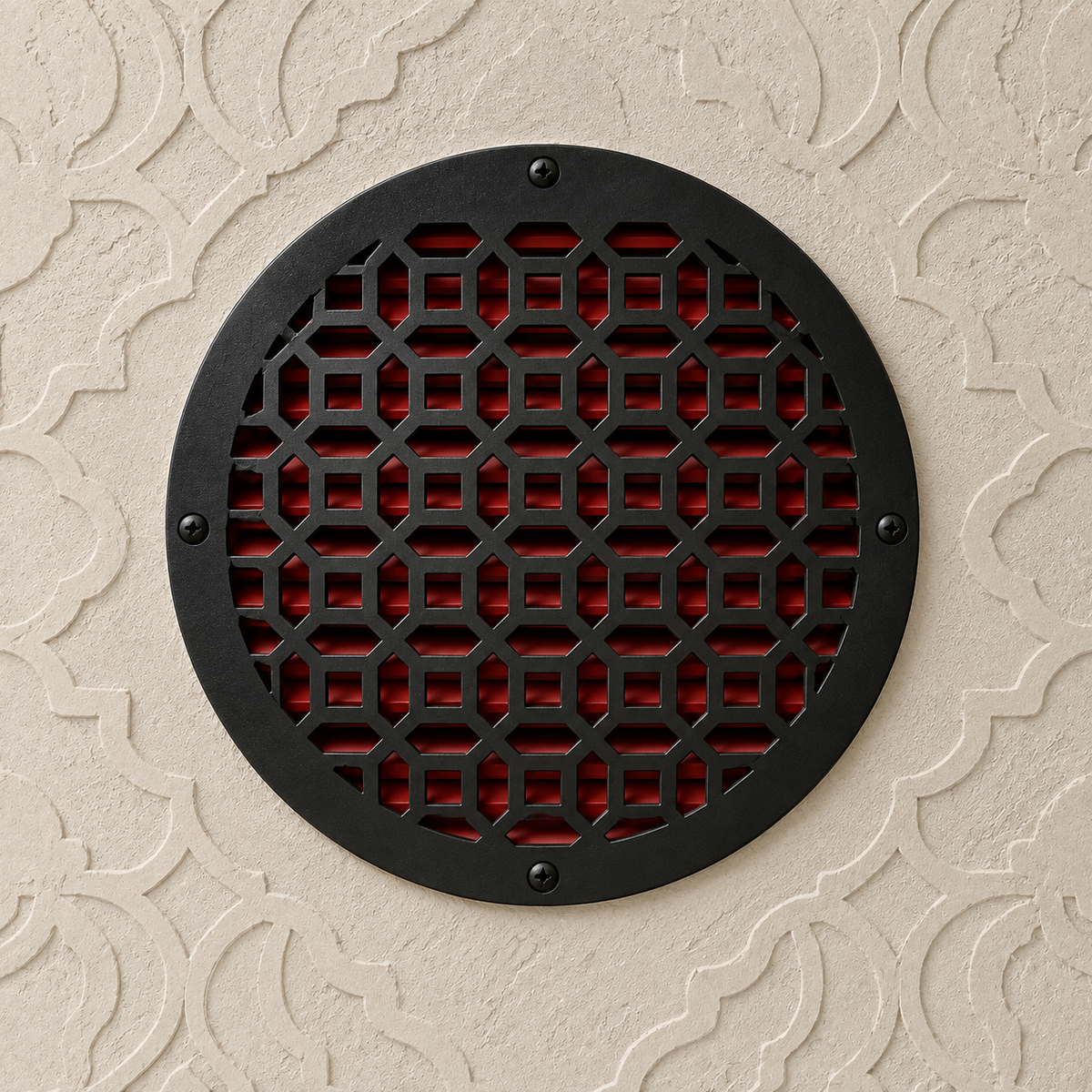 Round decorative metal vent cover with custom laser-cut pattern