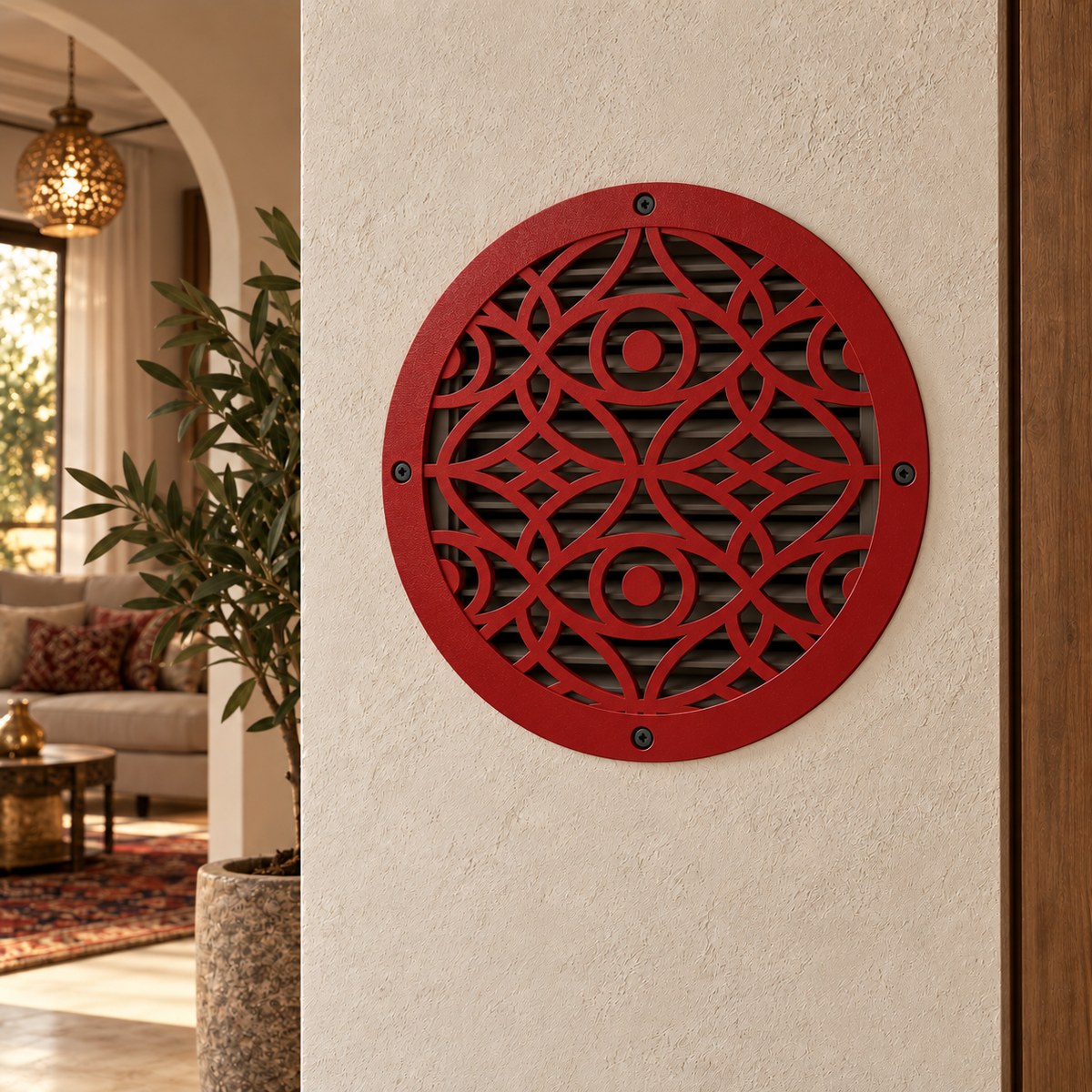 Round decorative metal vent cover with custom laser-cut pattern